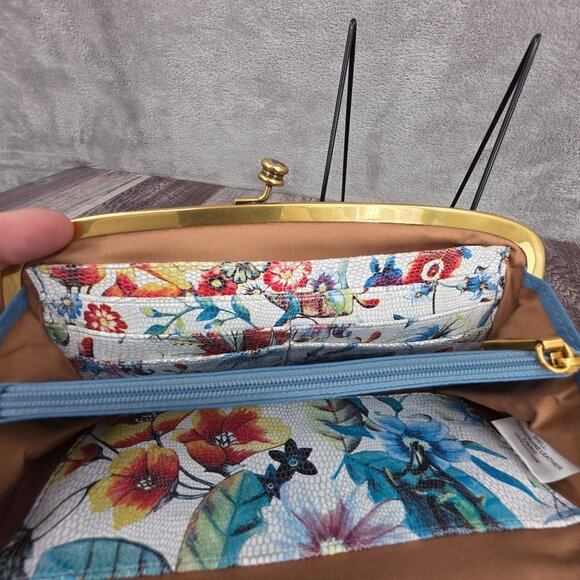 HOBO Cora Large Frame Wallet Clutch Wristlet Dusty Blue Leather Botanical Print - Picture 9 of 14